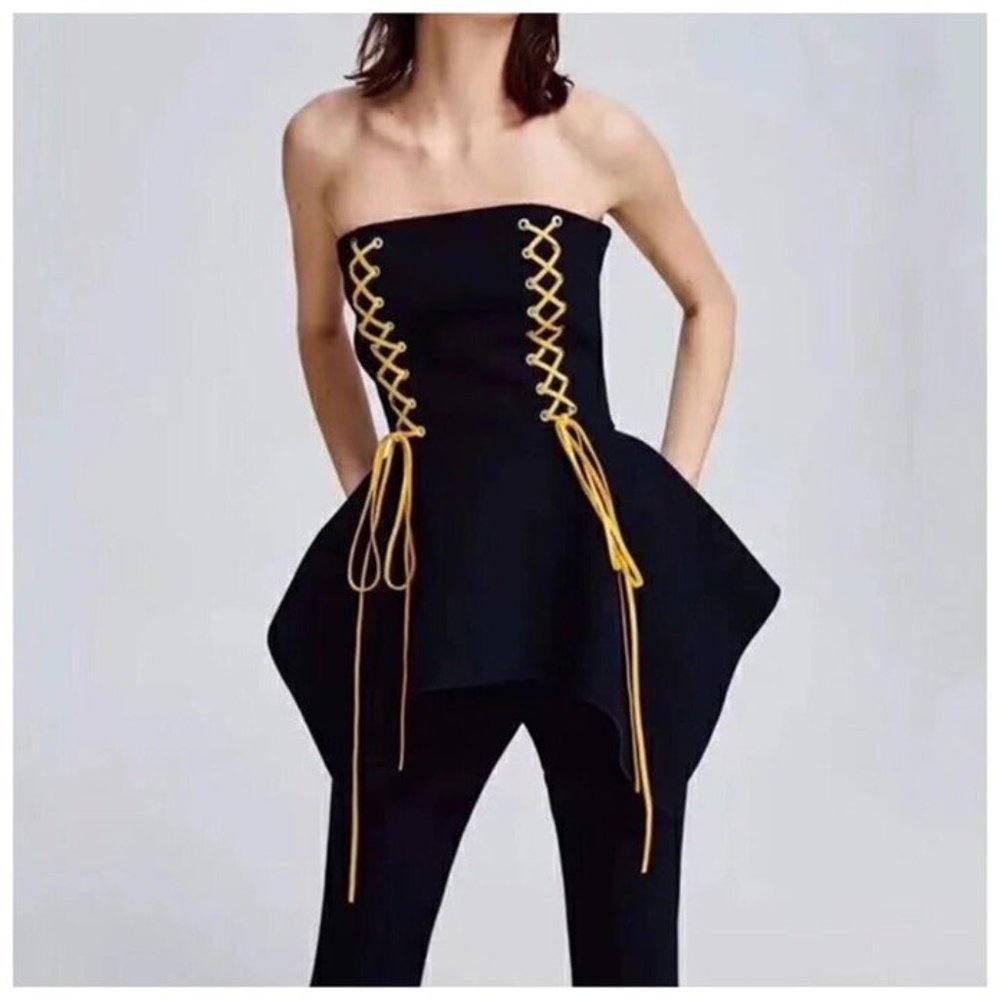 Black Strapless Lace Up Corset Top Size XS Small Medium